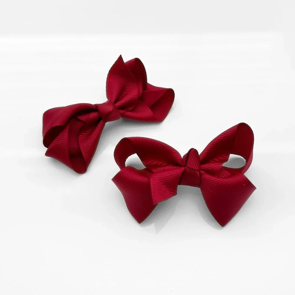 Set of 2 Pretty Girls Hair Bows Grosgrain Ribbon Hair Clips Accessory Burgundy - Picture 2 of 5